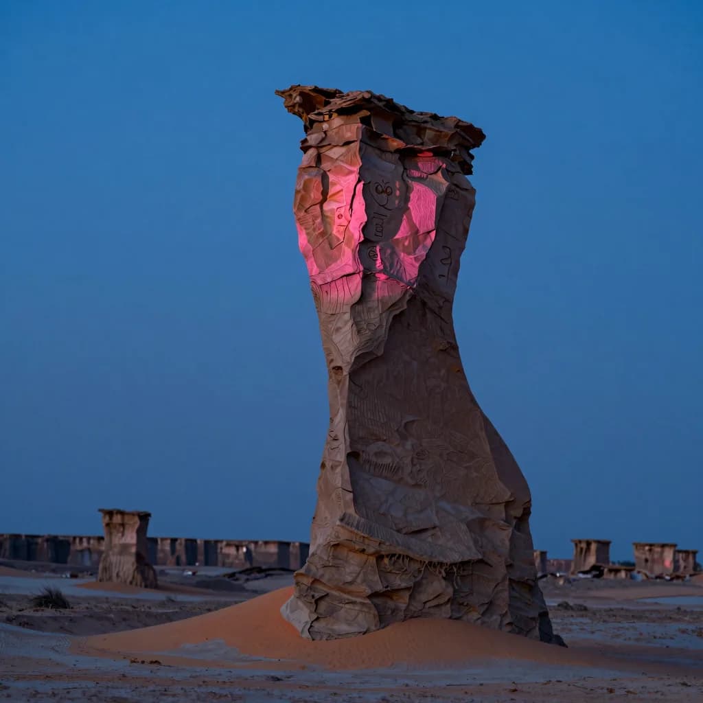 Single tall eroded sandstone pillar isolated against an open dusk sky, vertical-emphasis composition with the pillar dominating the frame.