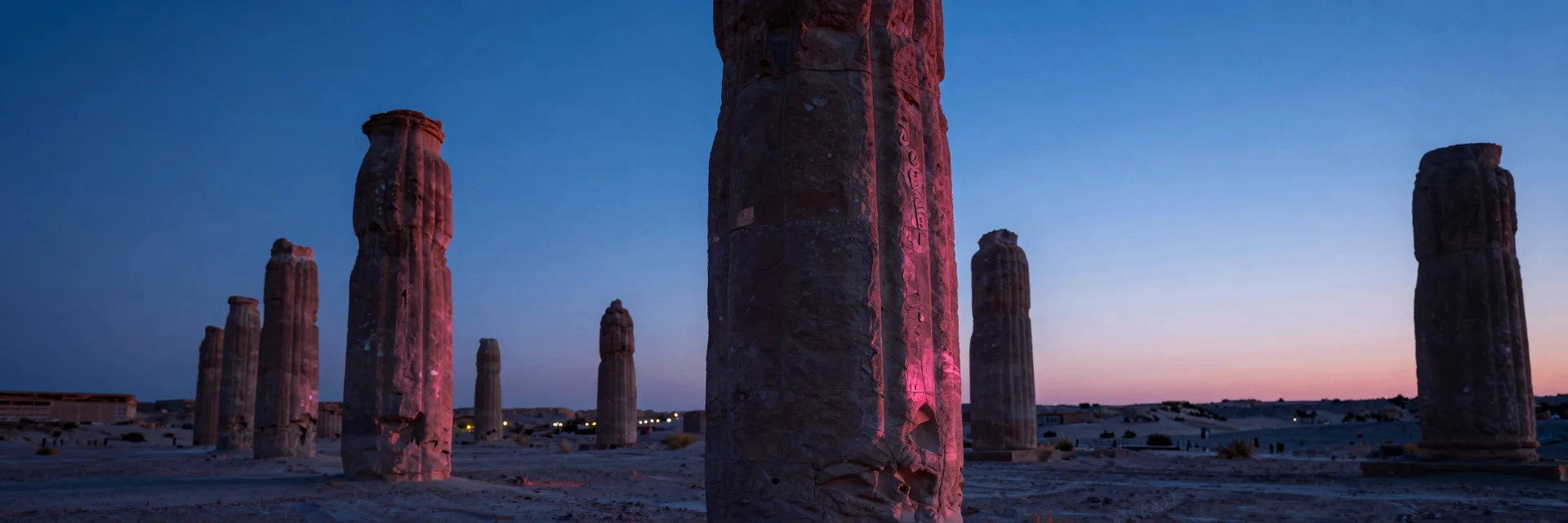 Ultra-wide at low sunset, the grid of eroded sandstone pillars rim-lit by the setting sun, hero pillar prominent in the right third with the strongest rim light.