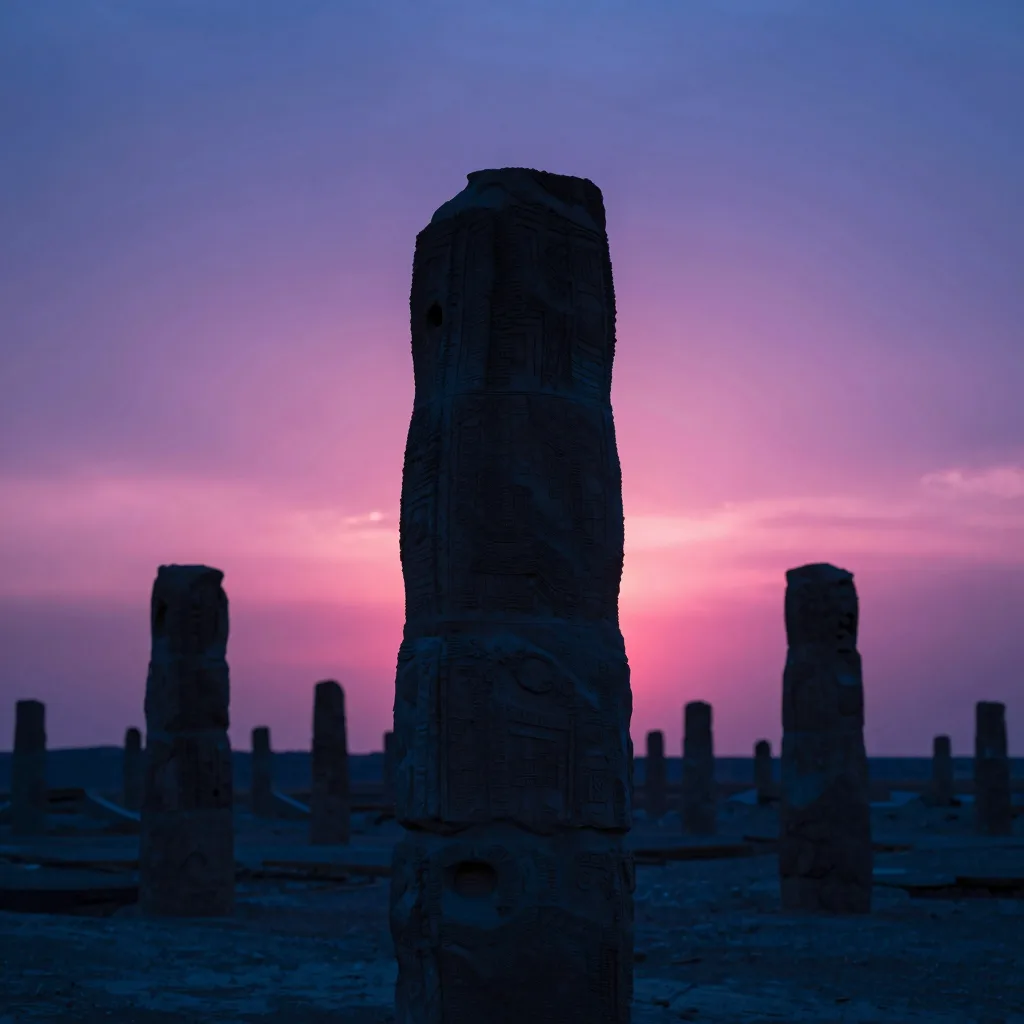Single hero sandstone pillar silhouetted dark against a bright pink and purple sunset, dramatic backlit composition with smaller grid pillars defocused behind.
