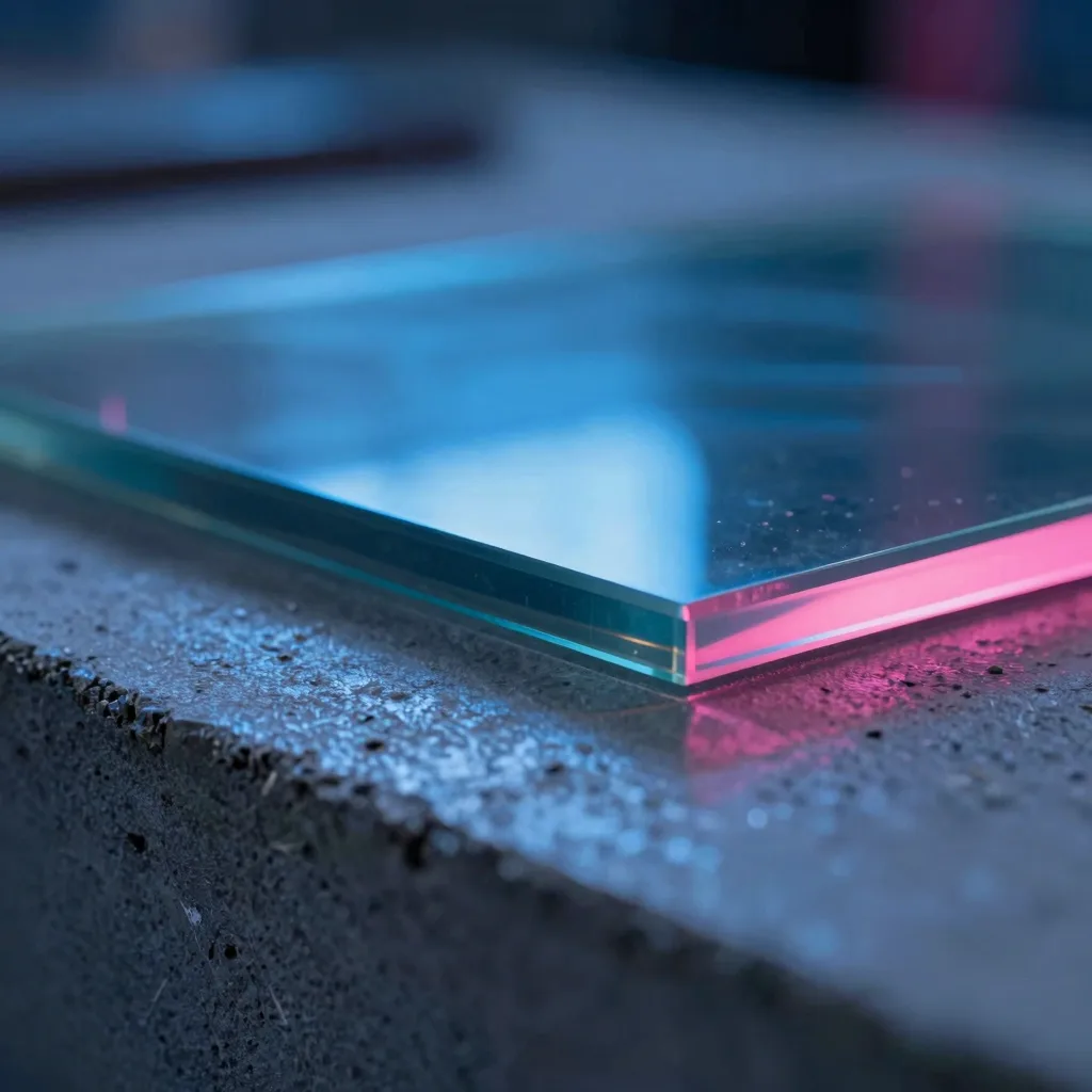 macro detail of iridescent glass form on dark polished stone with electric-blue and hot-pink refraction - companion image for the Shopify Plus checkout extensions guide
