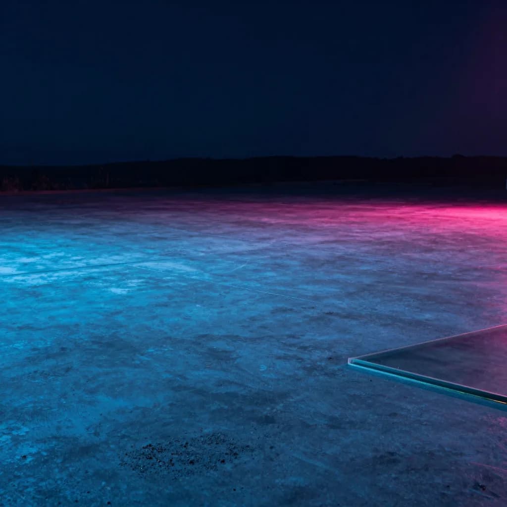 atmospheric wide of iridescent glass form on dark polished stone with electric-blue and hot-pink refraction - companion image for the Shopify Plus checkout extensions guide
