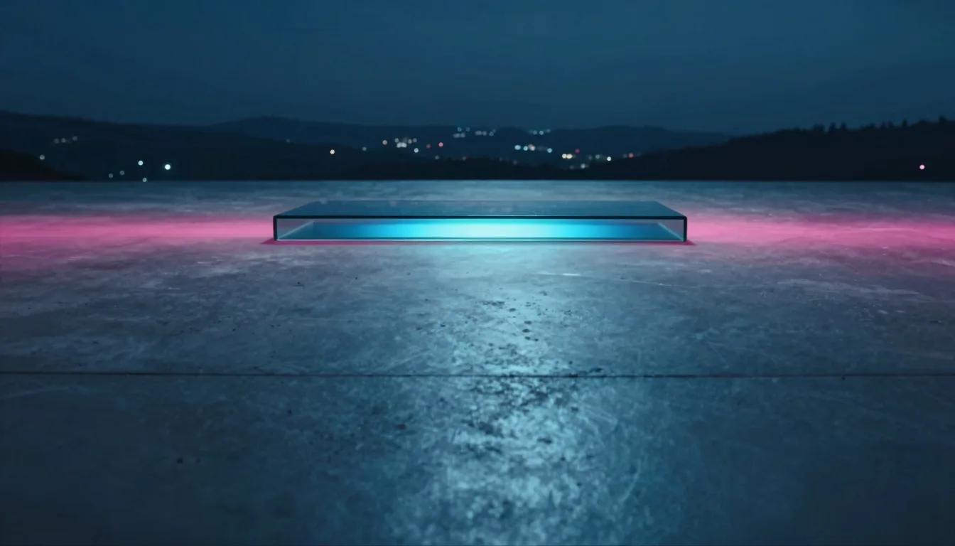 cinematic trail-aspect of iridescent glass form on dark polished stone with electric-blue and hot-pink refraction - companion image for the Shopify Plus checkout extensions guide