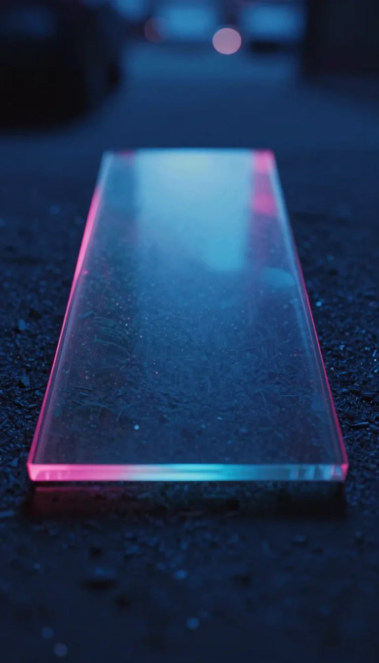 tall vertical of iridescent glass form on dark polished stone with electric-blue and hot-pink refraction - companion image for the Shopify Plus checkout extensions guide