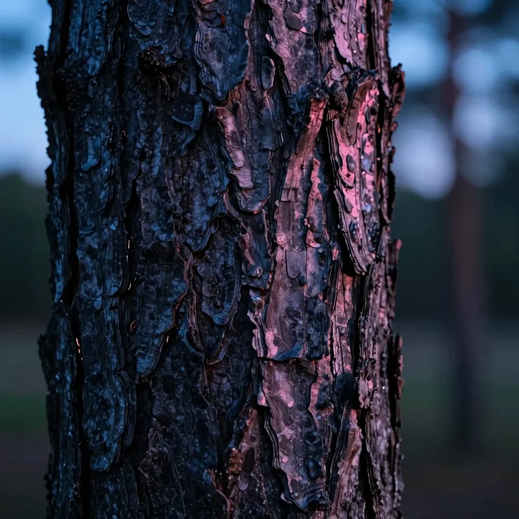 Extreme macro of a single section of dark twisted pine bark at sunrise, deep textured grain visible in fine detail, abstract botanical detail.