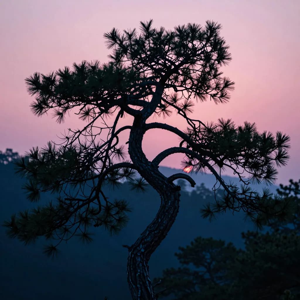 Single twisted gnarled pine tree at sunrise, dark textured bark visible in fine detail, the tree shape filling the lower two-thirds of the frame against the pink sky.