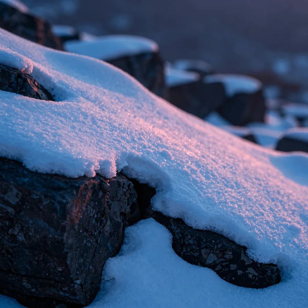 Macro of snow patches caught in the cracks between rocks at sunrise, the snow brilliant against the dark cool-toned stone, abstract geological detail.