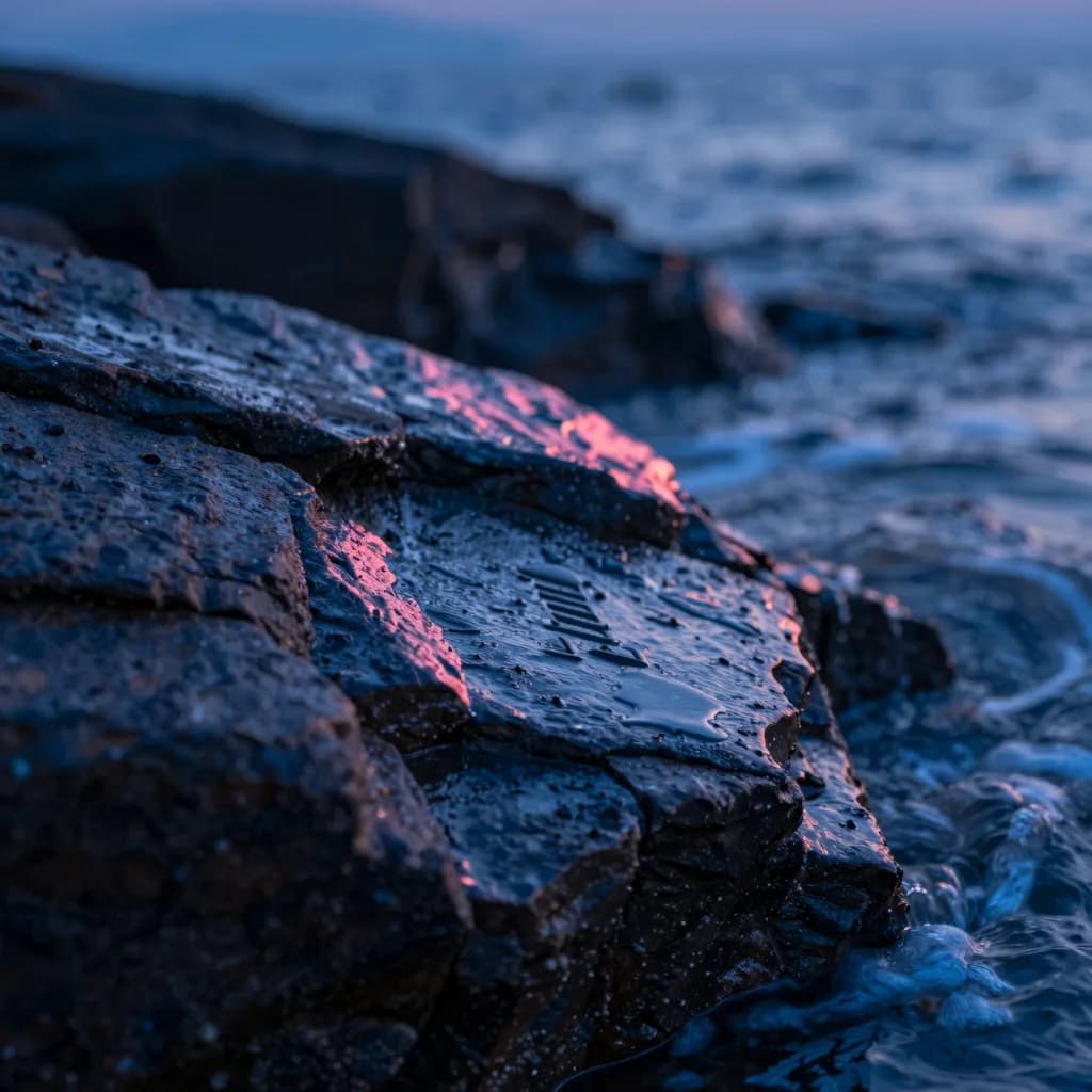 Close-up of weathered shoreline rocks at dusk