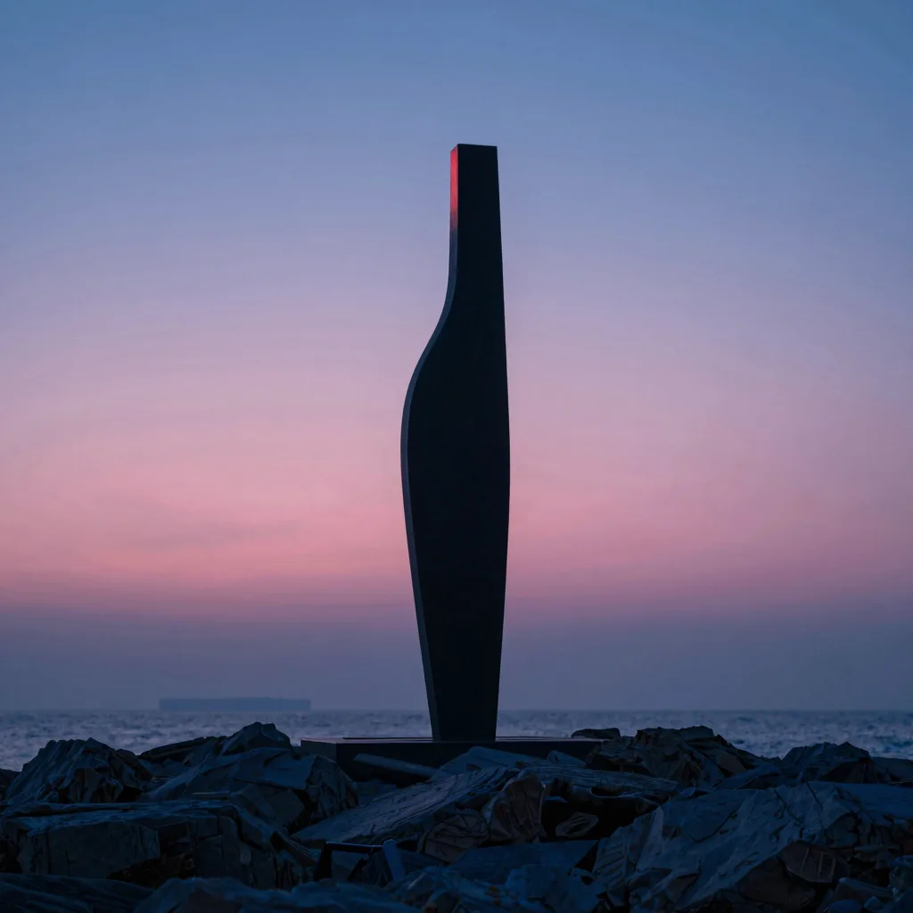 Vertical view of black sculpture rising from rocks at dusk