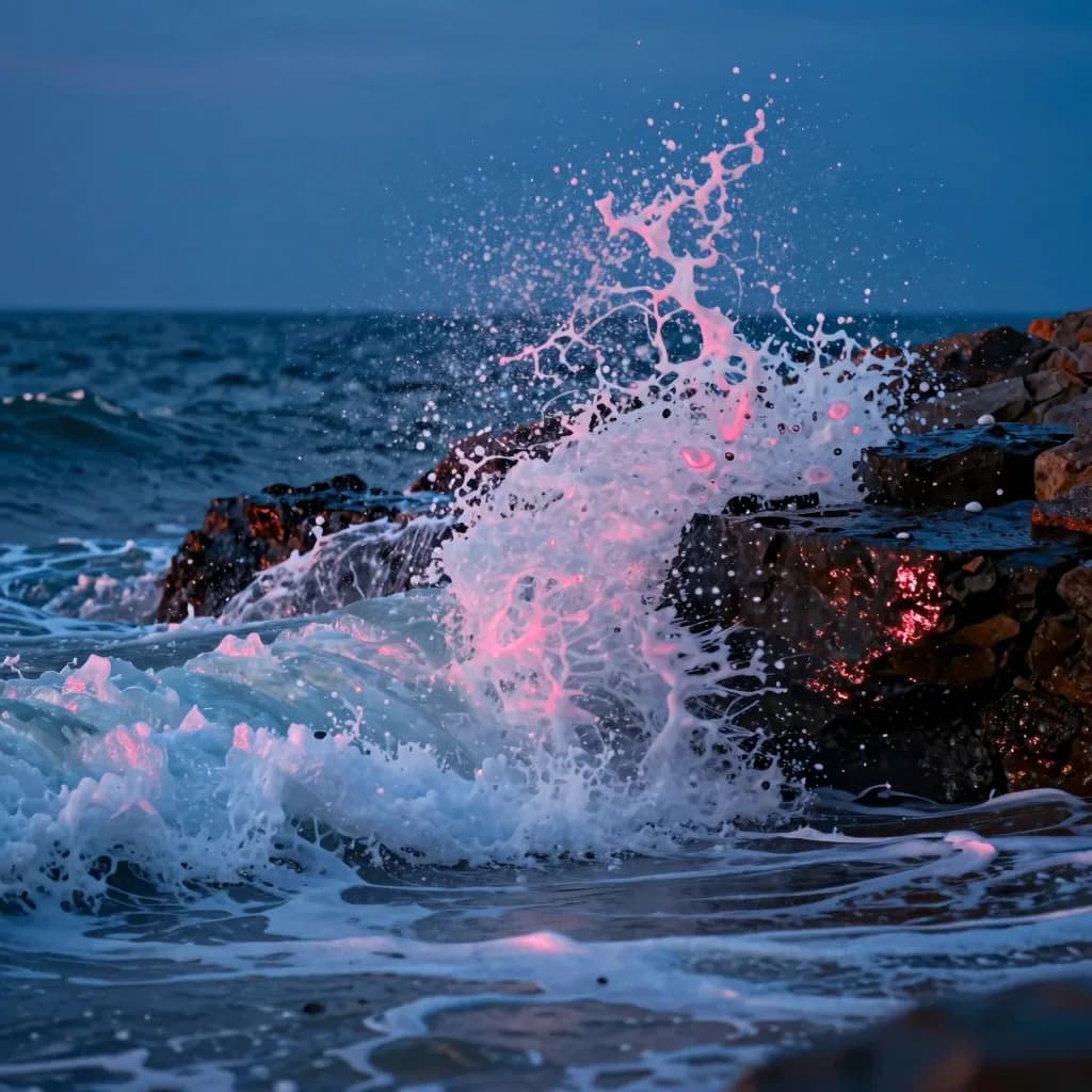 Close-up of wave hitting rocks at the base of the sculpture at dusk