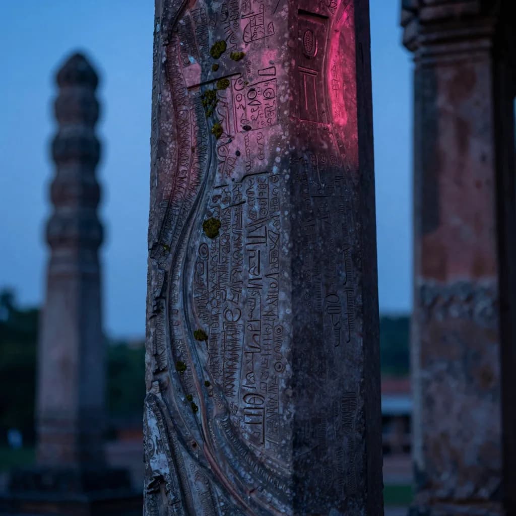 Close-up macro of weathered temple pillar surface with hot-pink glow tracing the stone