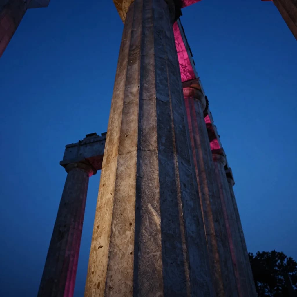 Vertical-emphasis of a single temple pillar with hot-pink glow rising along its length