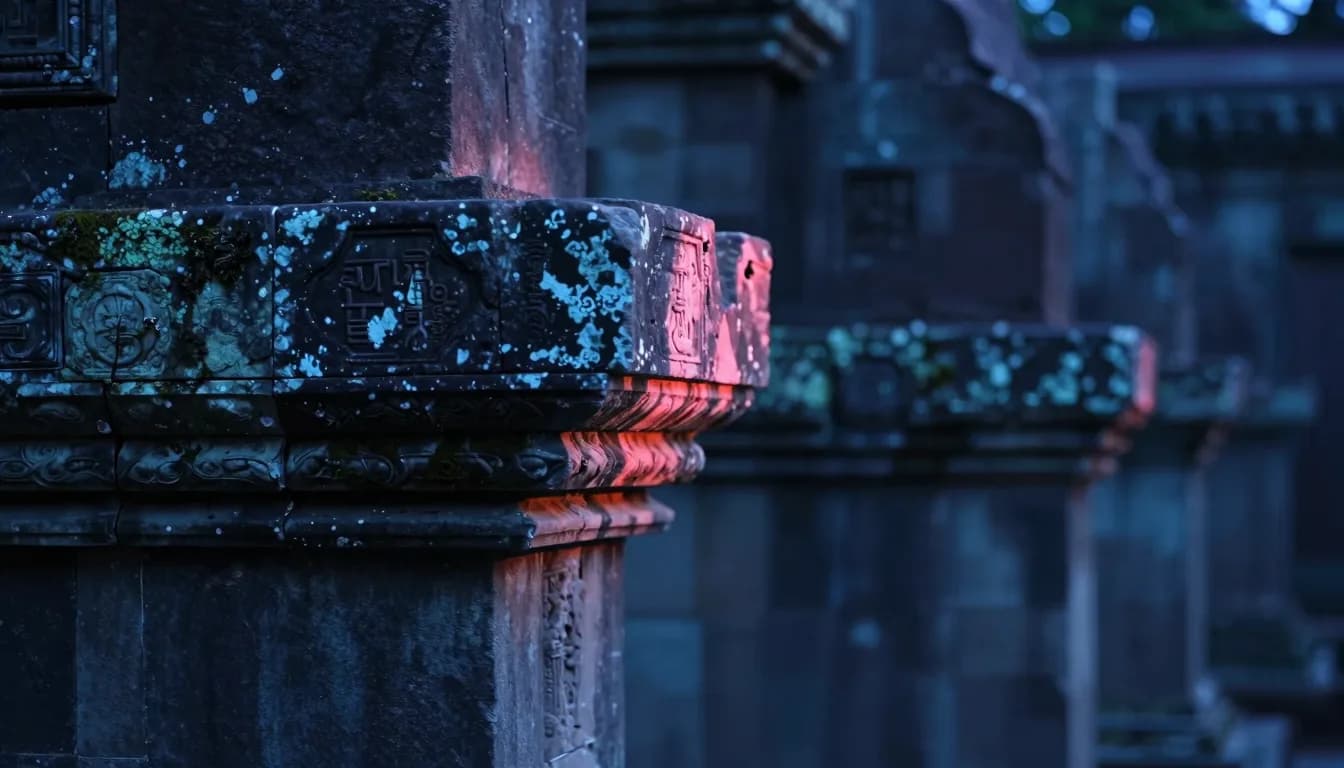 Close-up landscape of weathered stone joinery between pillars with pink glow seeping through the seams