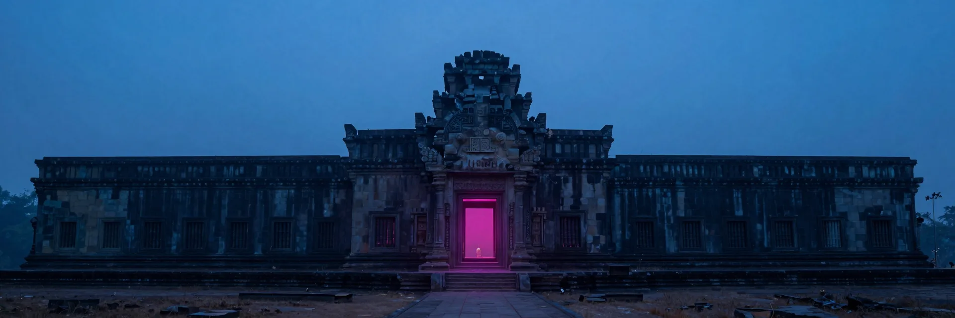 Ultra-wide of the entire ruined temple seen from a distant vantage with hot-pink glow visible inside