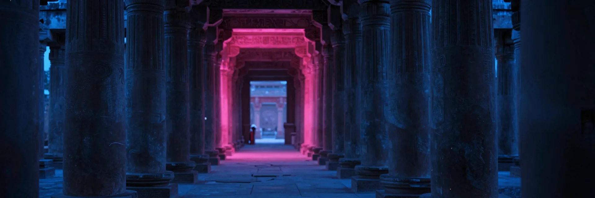 Ultra-wide of pillars receding to a vanishing point with hot-pink glow at the far end