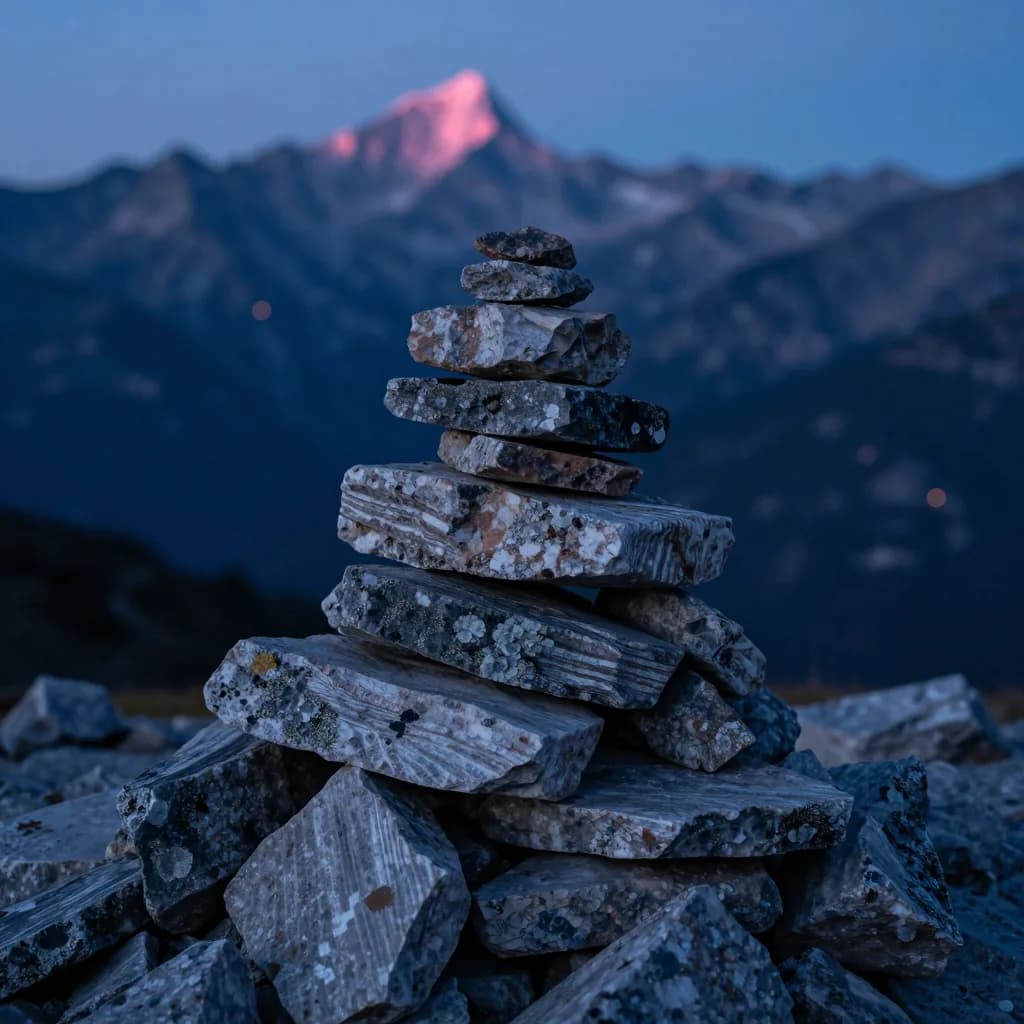 Close-up of a weathered alpine trail cairn made of stacked dolomite stones, shallow depth-of-field, single distant spire defocused in the background.