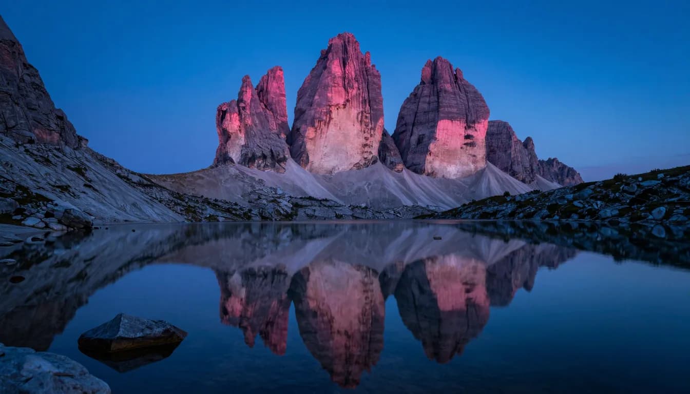 Still alpine tarn at twilight reflecting the dolomite spires above, pink alpenglow mirrored on the glassy water surface.