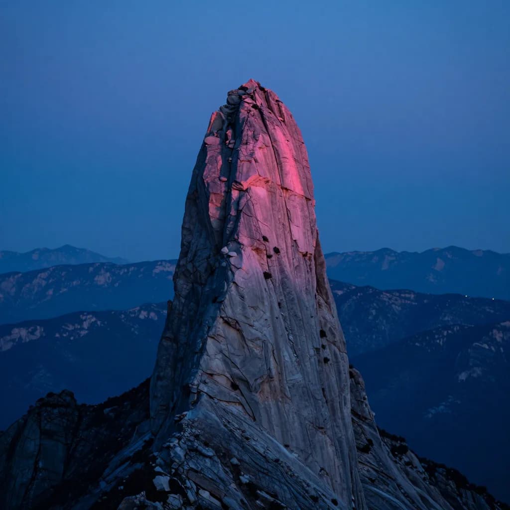 Closer detail of a single dolomite spire isolated against the twilight sky, pink alpenglow on the upper third.