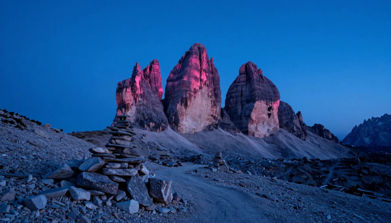 Three dolomite limestone spires at twilight, viewed from the alpine trail leading toward them, pink alpenglow on the upper west faces.