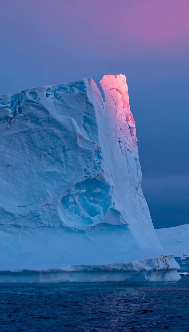 tall vertical of electric-blue ice cliff strata with hot-pink sunset accent - companion image for the stopped billing hourly essay