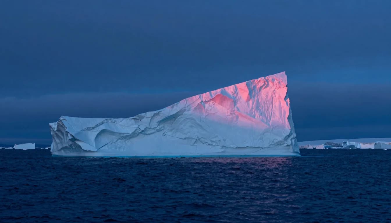 cinematic trail-aspect of electric-blue ice cliff strata with hot-pink sunset accent - companion image for the stopped billing hourly essay