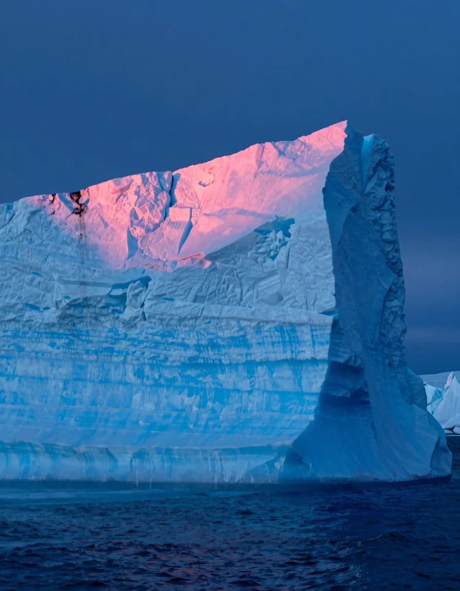 portrait orientation of electric-blue ice cliff strata with hot-pink sunset accent - companion image for the stopped billing hourly essay