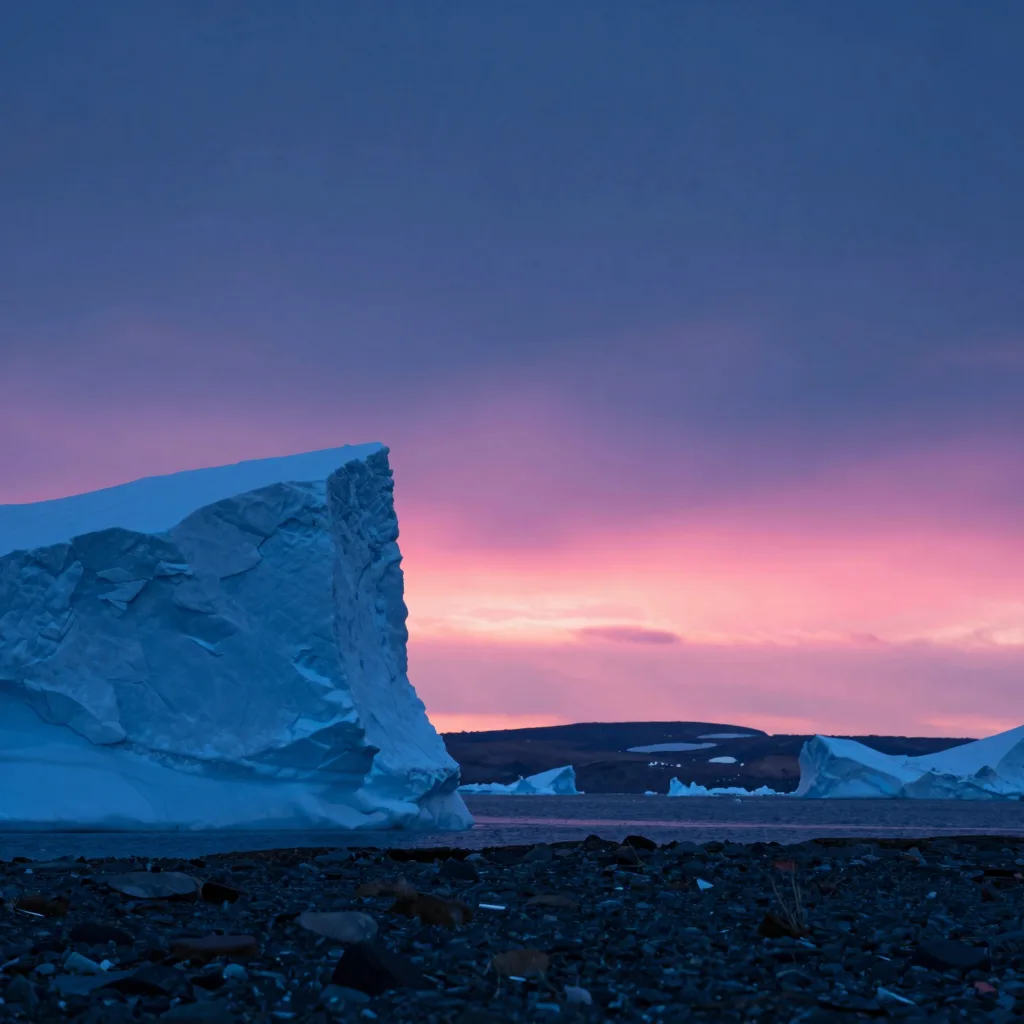 atmospheric wide of electric-blue ice cliff strata with hot-pink sunset accent - companion image for the stopped billing hourly essay