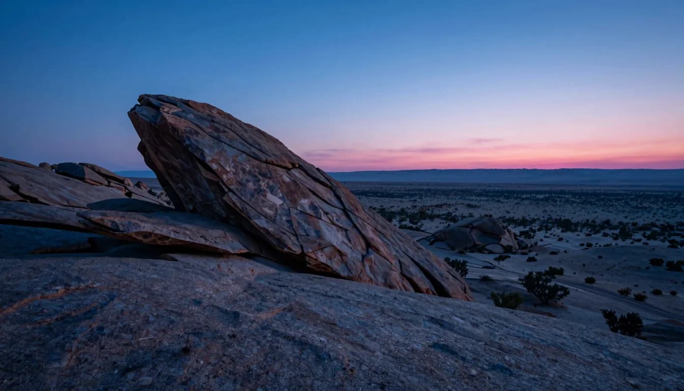 Ultra-wide distant vantage of a low industrial silhouette against deep electric-blue sky, single warm pink window glowing far across the frame.