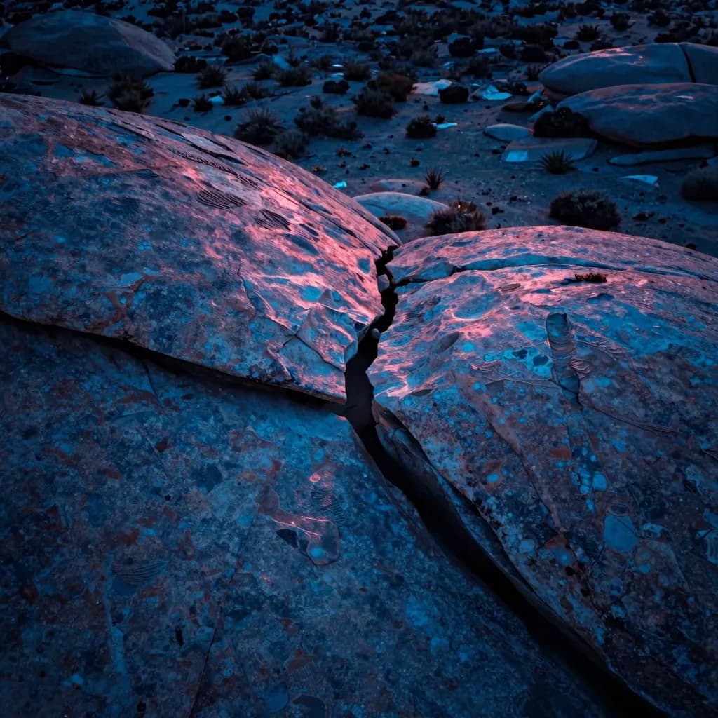 A single fractured piece of crystalline material lit by competing pink and blue light sources, isolated against a dark void.