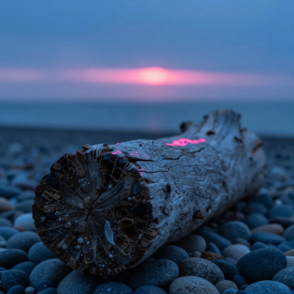 macro detail of organic weathered form on a desolate plain at electric-blue twilight with hot-pink accent - companion image for the the services trap essay