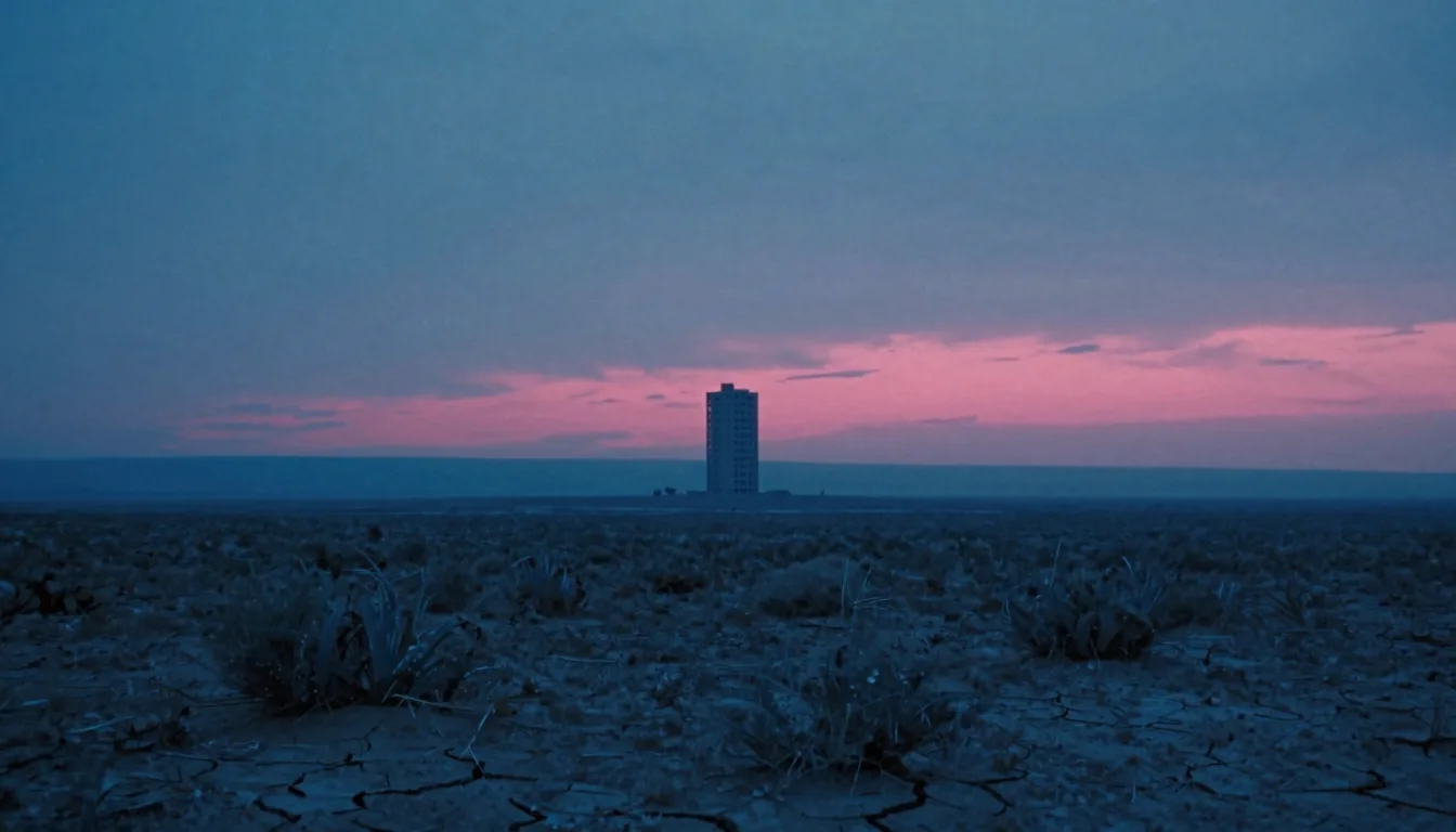 A single distant brutalist tower seen far across a sweeping empty plateau at dusk, the vast foreground plain leading toward it.