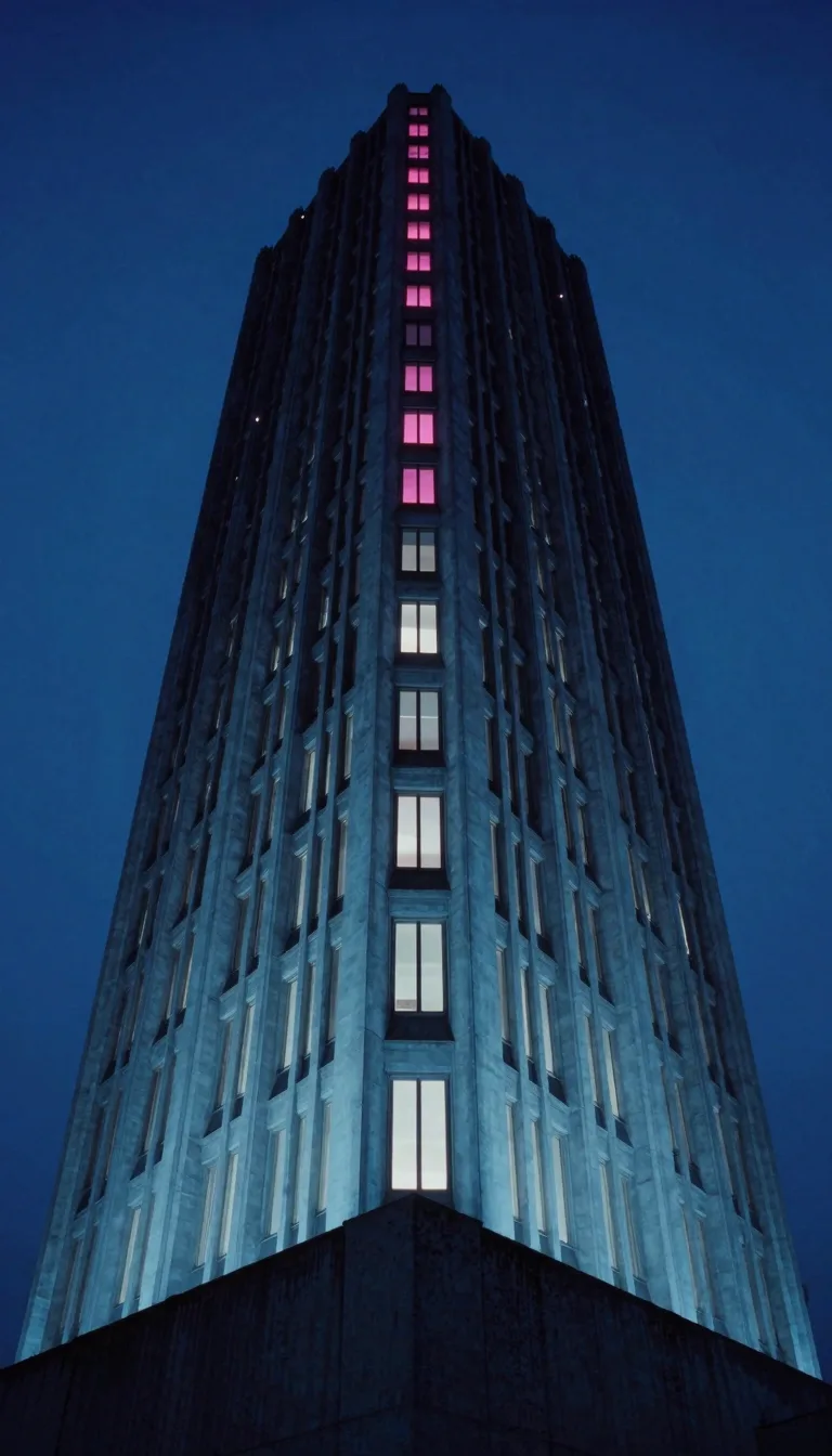 Looking straight up the face of a single towering brutalist concrete structure against open sky, rows of thin glowing slit windows receding toward the top.