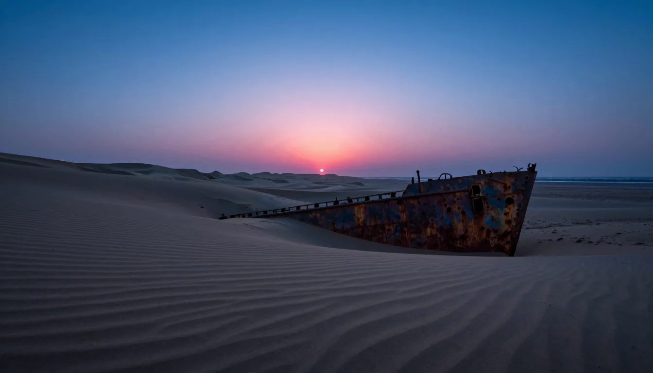 Distant ultra-wide of an abandoned monolithic structure on a vast plain, scale dwarfed by the deep blue horizon and a pink sky band.