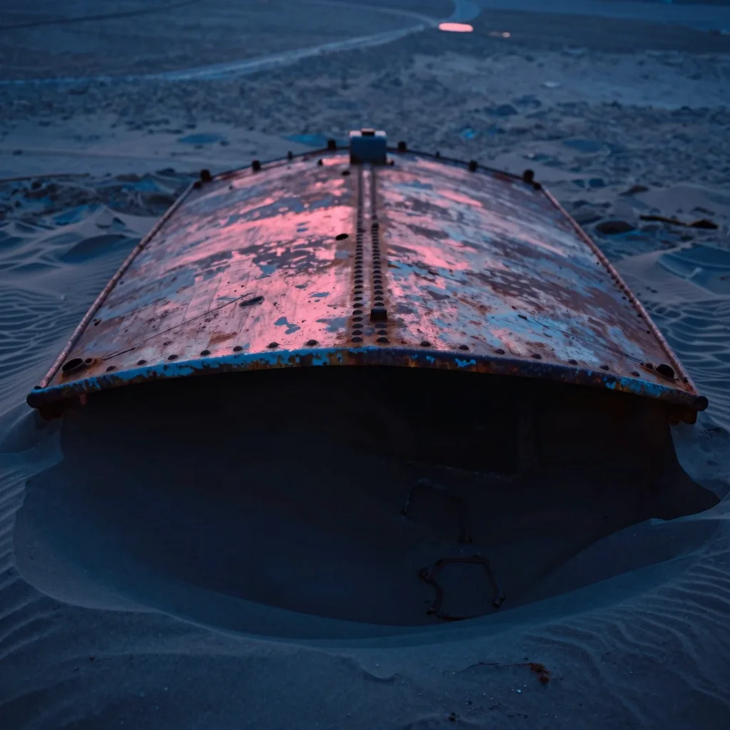 Single fragment of iridescent glass shard against deep blue, sharp edges catching cool light and a faint pink reflection.