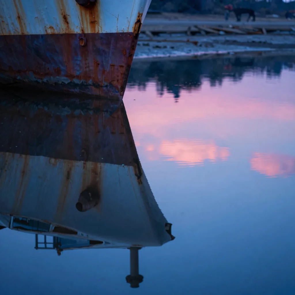 Mirrored reflection of layered glass surfaces with pink and blue color cast bleeding across the polished plane.