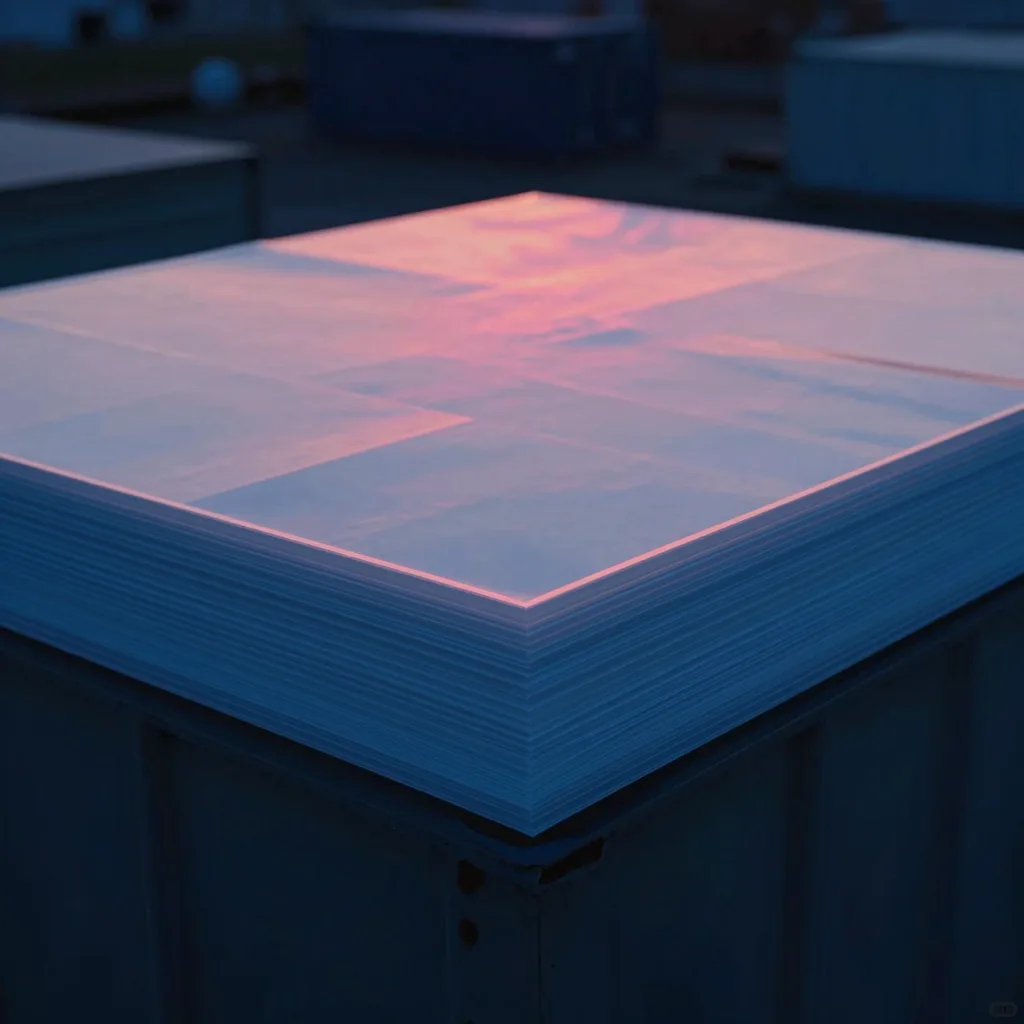 Close fragment of split ice with a glowing interior, crystalline edges catching cold light.