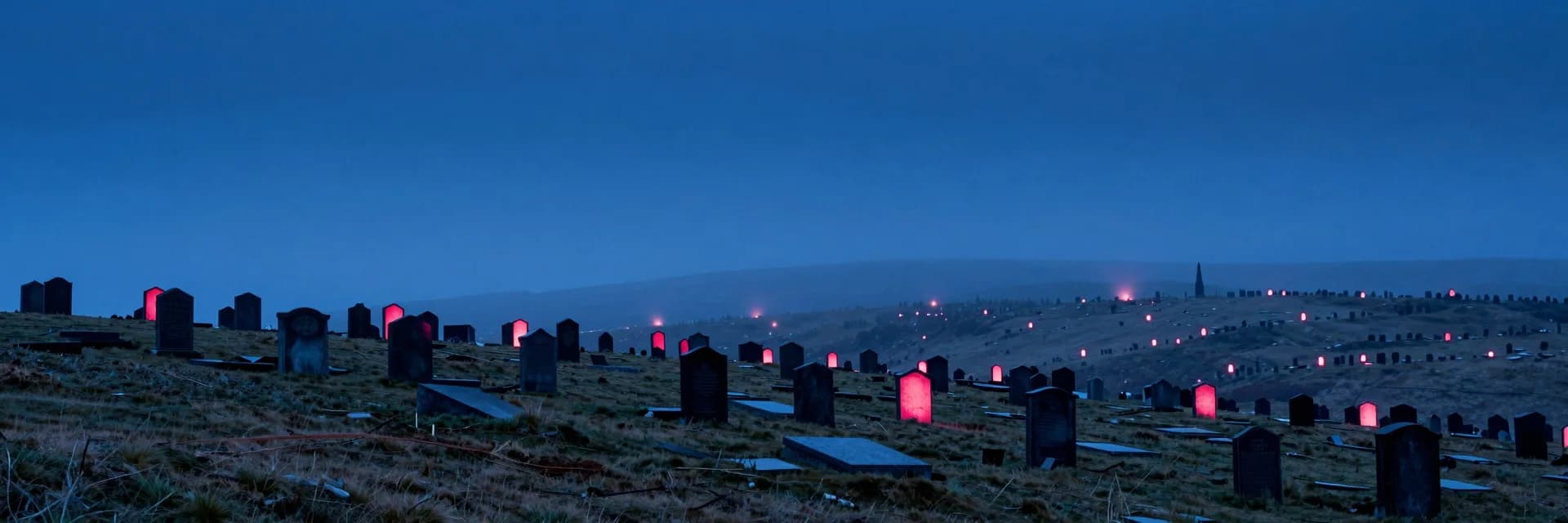 Ultra-wide view of an entire cemetery seen from a distant hillside vantage at dusk, with gravestones reading as a constellation of dark forms against the muted ground.