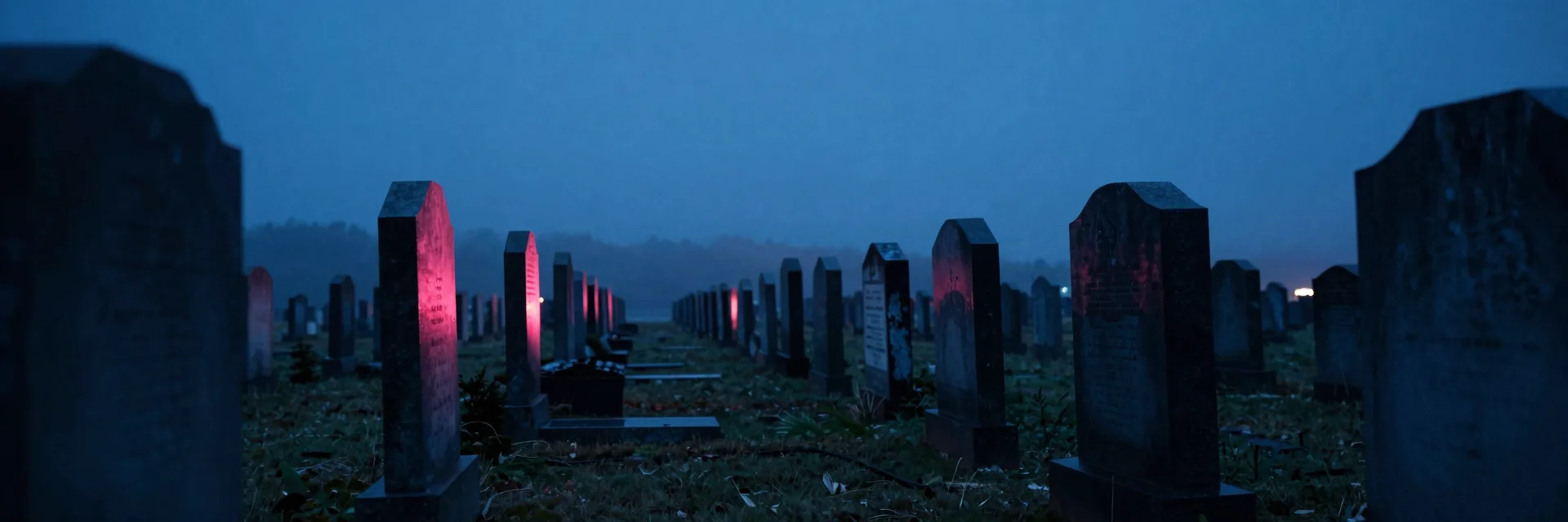 Ultra-wide perspective from inside the cemetery looking down a row of gravestones receding to a vanishing point in the misty distance at dusk.