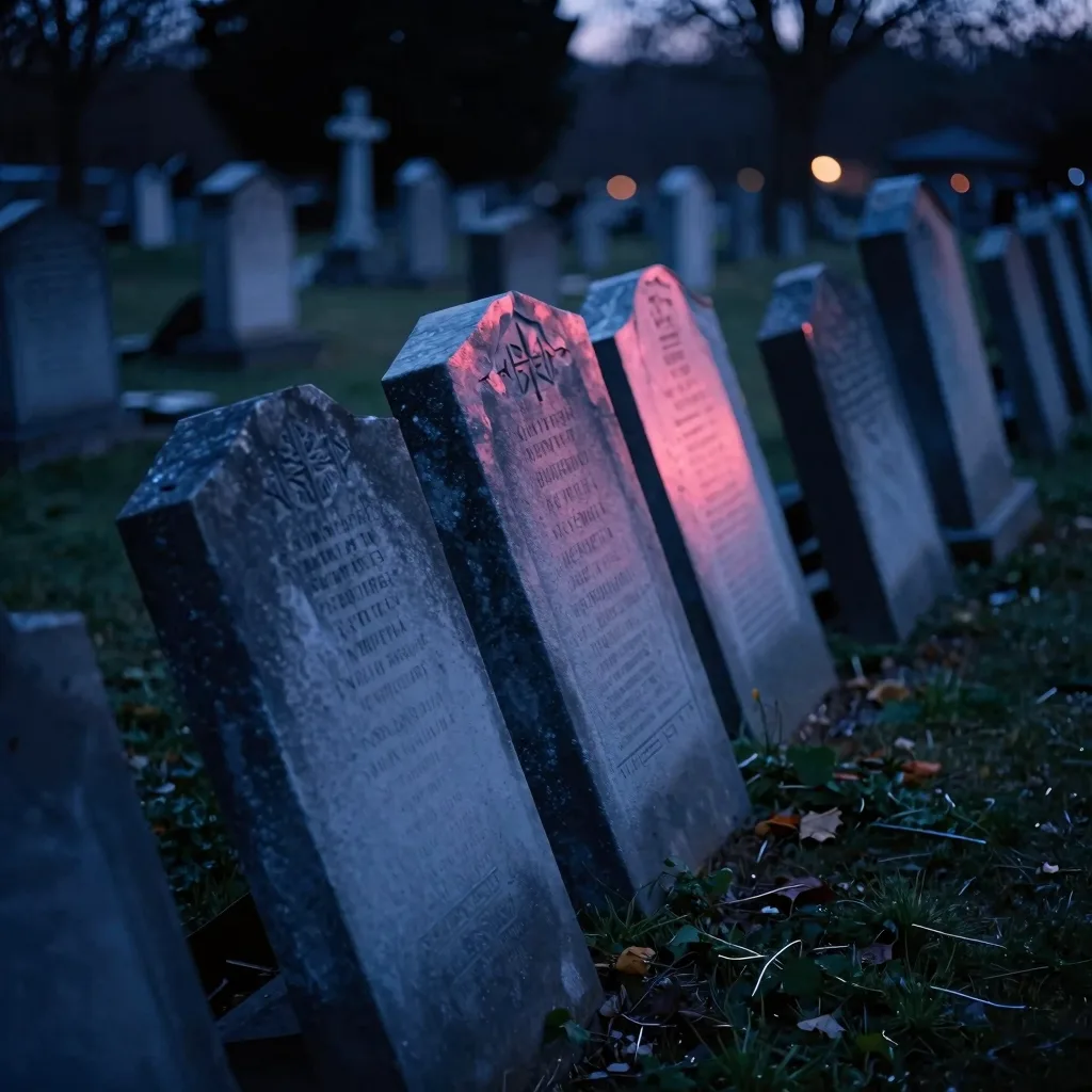 Several gravestones leaning at slightly different tilts, showing the natural settling and irregular angles of a long-standing burial ground.