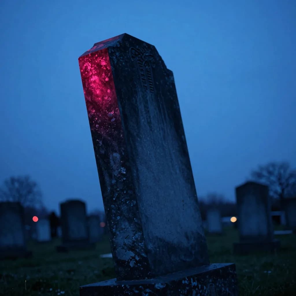 Vertical-emphasis composition of a single tall, dark gravestone leaning at a slight angle against the dim dusk sky.