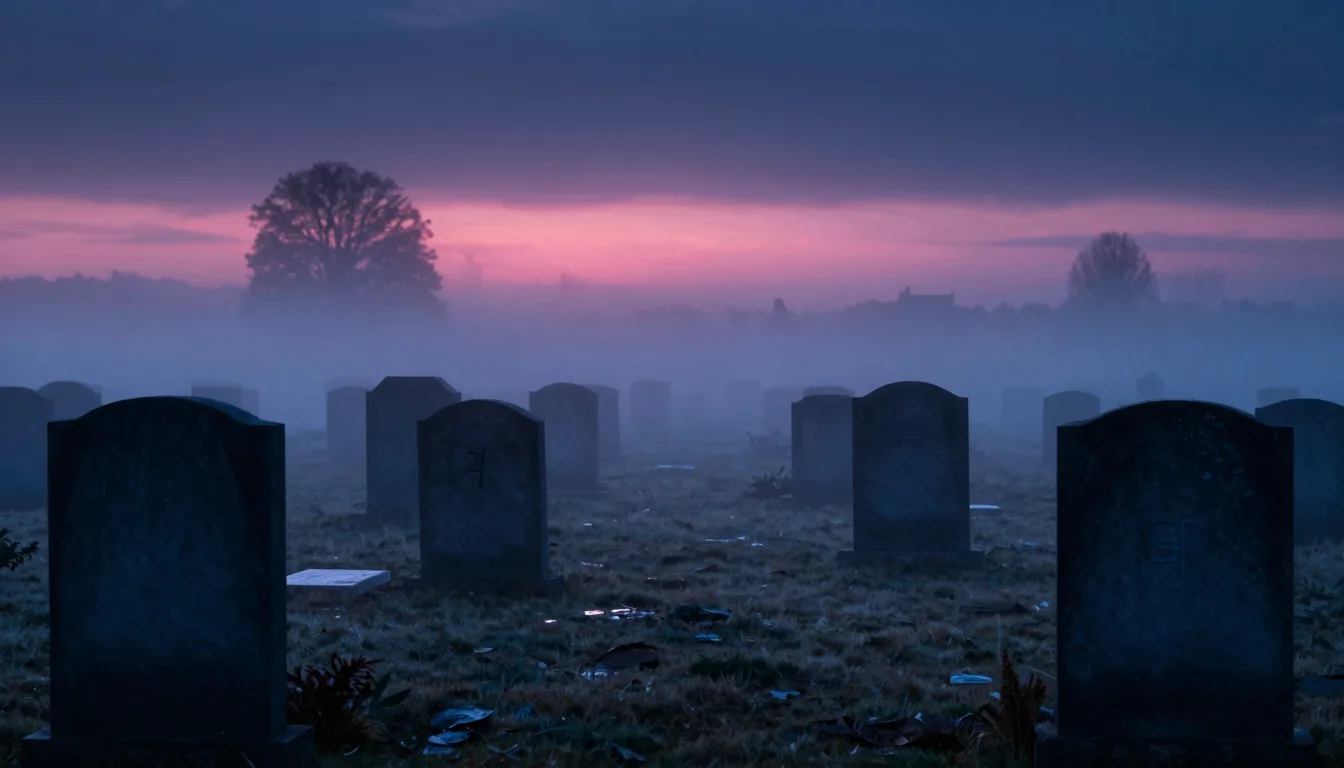 Mist rolling between gravestones at ground level, with the bottoms of the stones disappearing into a low layer of fog at dusk.
