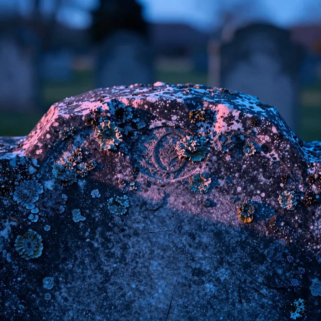 Close-up macro view of a weathered gravestone surface showing erosion, pitting, and patches of lichen colonies clinging to the stone.