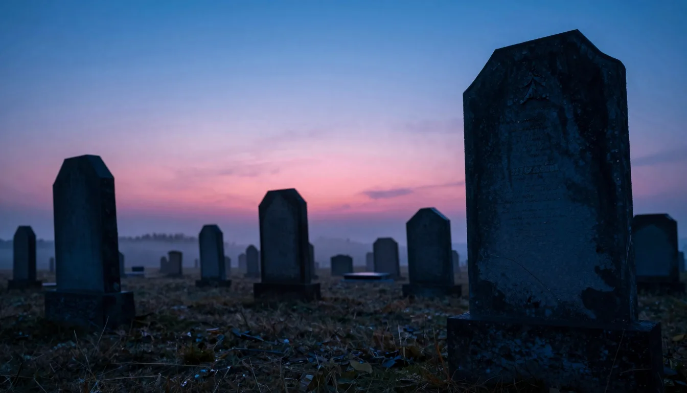 Low-angle worm's-eye view of an old cemetery at dusk, with dark gravestones of varying heights leaning at slight angles in a slightly disorganized pattern.