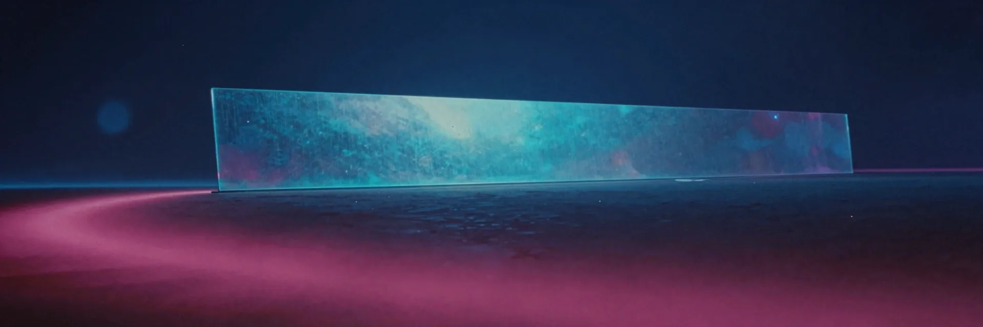 A dark reflective void stretching wide with a single massive slab of iridescent glass refracting a split spectrum band across its face reduced to a faint far form at the edge of frame.