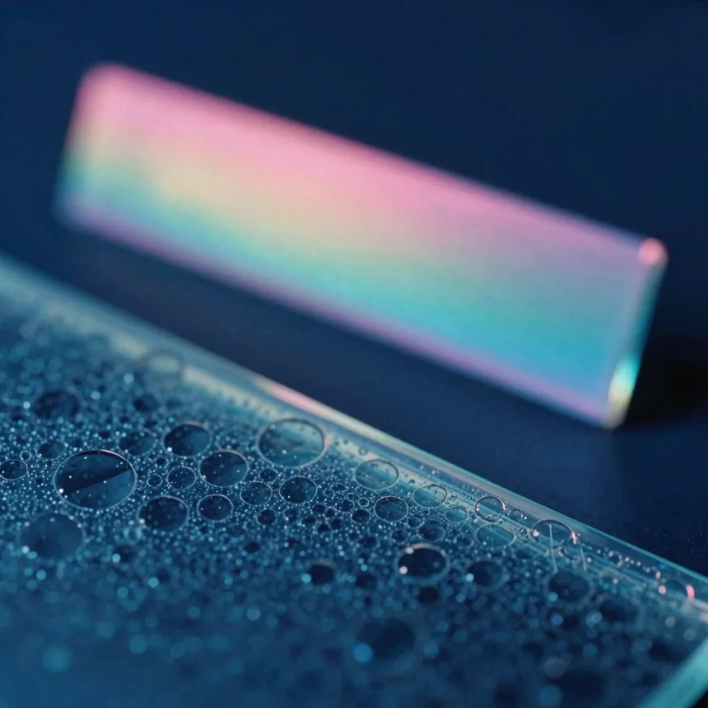 A tight macro close-up of the iridescent glass, a refracted spectrum band splitting across micro-bubbled facets, thin-film color shift.