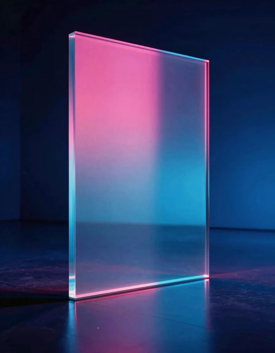 A single massive slab of iridescent glass refracting a split spectrum band across its face filling a tall vertical frame in a dark reflective void.