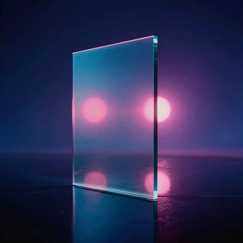 A single massive slab of iridescent glass refracting a split spectrum band across its face as a near-silhouette backlit by the twin light sources in a dark reflective void.