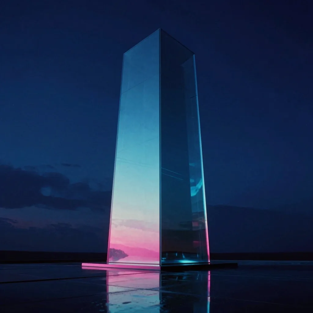 Looking straight up the full height of a single massive slab of iridescent glass refracting a split spectrum band across its face from its base in a dark reflective void, the form towering into the sky.