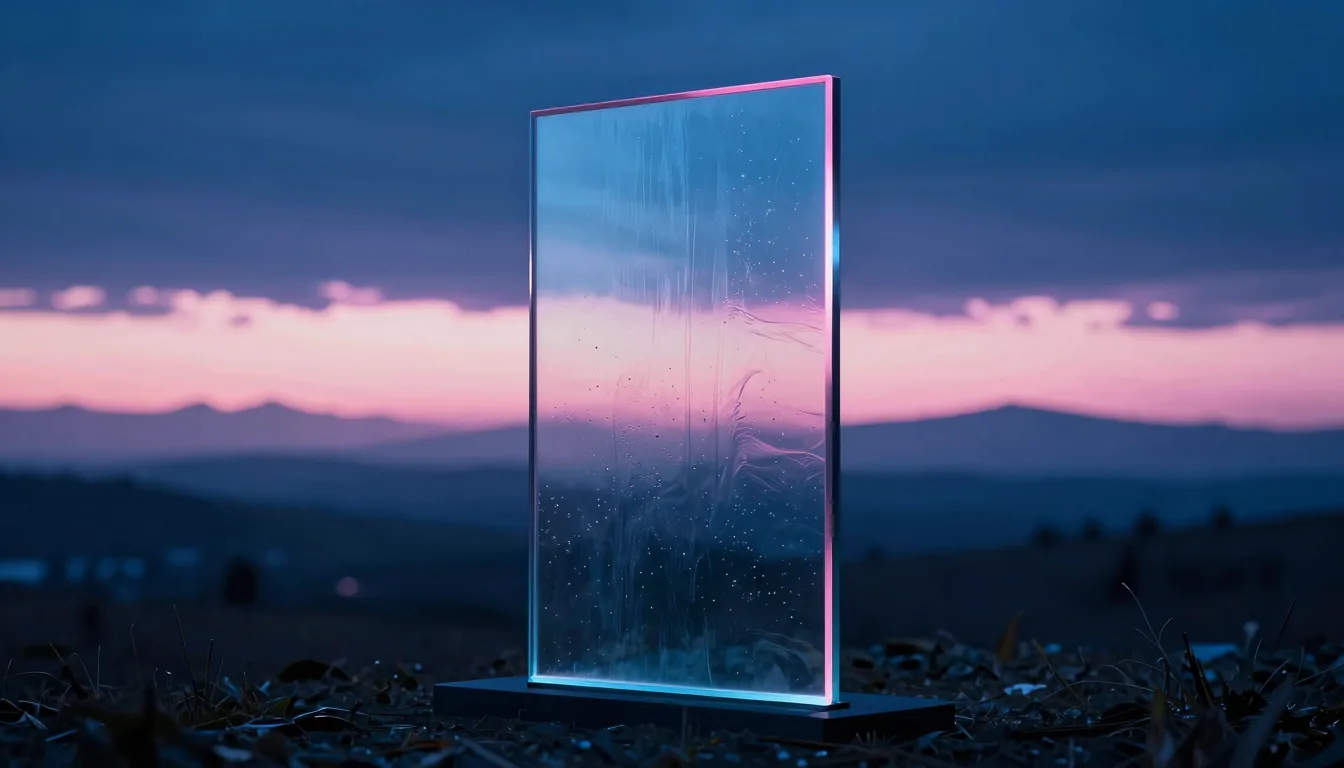 An upright pane of iridescent glass in a twilight landscape, a glowing wide horizontal banner of light across the middle.