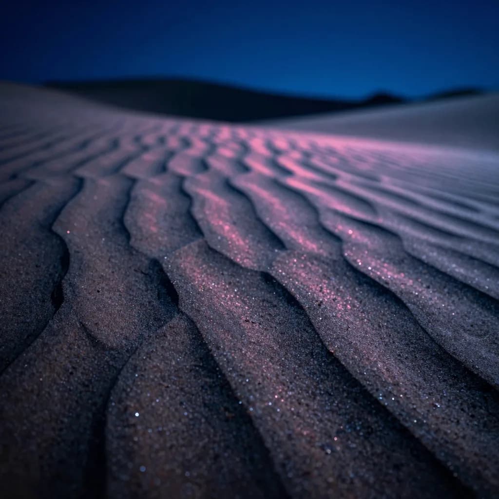 Close-up macro view of individual sand grains at night catching faint starlight.