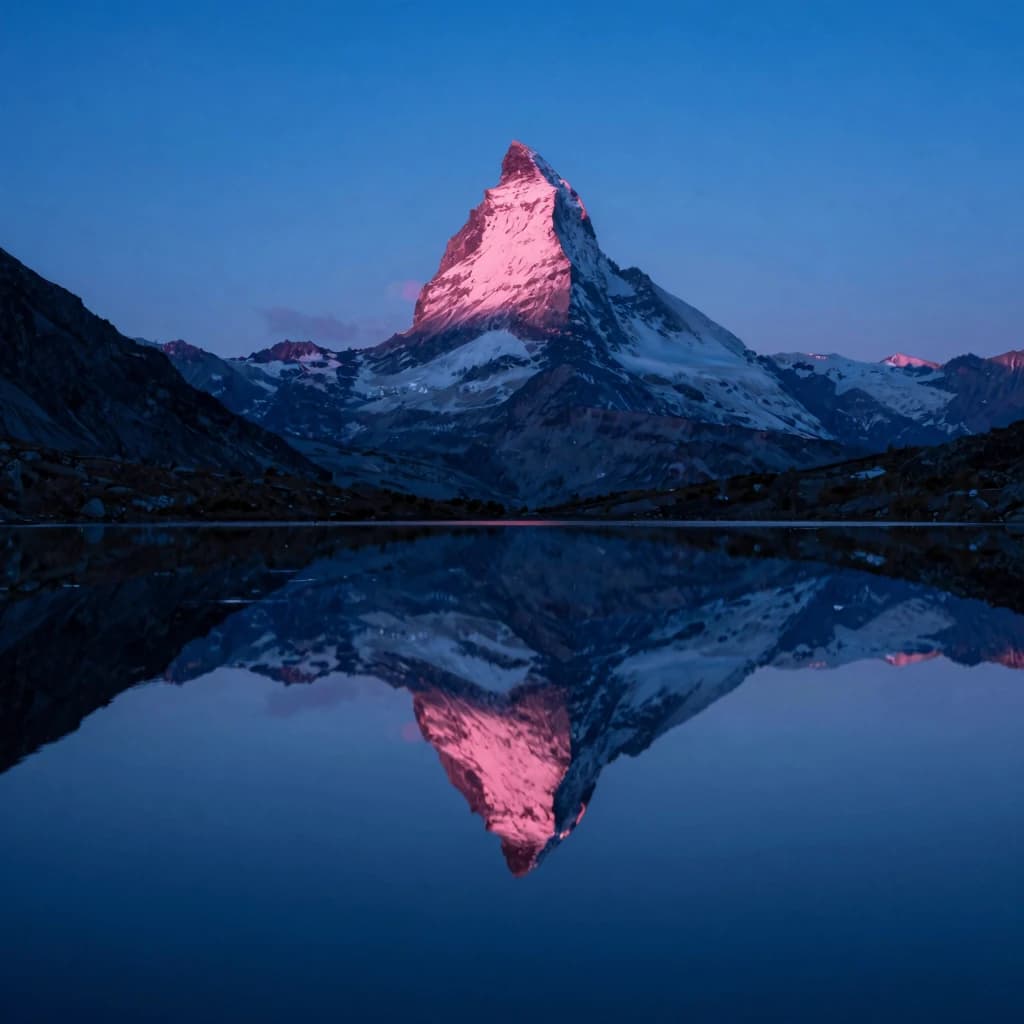 An alpine tarn surface showing only the inverted mountain reflection at dawn, the reflected peak filling the frame as a mirror image, electric-blue dawn light in the reflected sky.